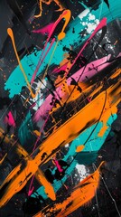 Wall Mural - Abstract painting background with bold brushstrokes in orange, pink, blue and white on a black background. Energetic and dynamic composition