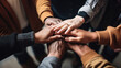 © Fang - People of various ethnicities putting their hands together. Friends with stack of hands showing unity and teamwork, generative ai