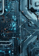 Wall Mural - Close-up of an intricate, dark circuit board with blue and orange glowing elements, emphasizing technological advancement and modern electronic design.