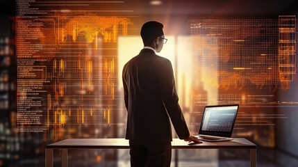 successful businessman standing overlay with source code and programmer image and copy space. the co