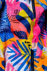 Canvas Print - A vibrant and colorful abstract pattern featuring tropical leaves and bold shapes, designed on a jacket exactly 180 characters.