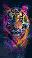 Wall Mural - Colorful illustration of a tiger with an artistic abstract background full of splashes, ideal for expressing concepts of wildlife, nature and art
