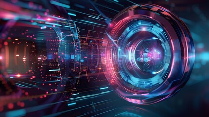 Canvas Print - An image showcasing a digital futuristic lens with abstract cyber elements, vibrant neon colors, and a high-tech theme representing advanced technology and innovation.