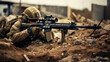 © Fang - Sniper in which aiming from his modern rifle. sniper during the military operation. rifle target view on war zone Background., generative ai