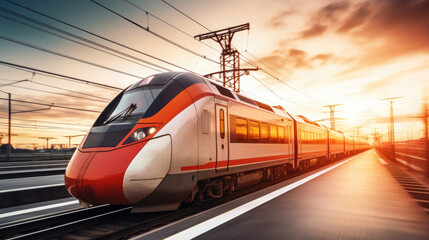 Wall Mural - Modern high speed train in motion on railway station at sunset. Train on railroad track with motion blur effect in Europe in evening. Railway platform. Railway tourism., generative ai
