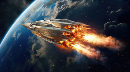 Wall Mural - the ship flies to another planet. the spaceship takes off into the starry sky through the clouds. ro