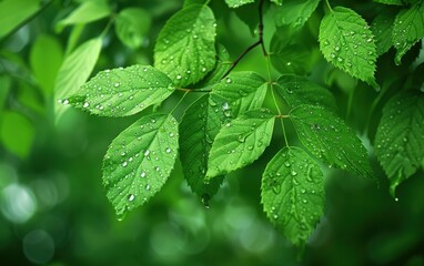 Wall Mural -  Fresh Drops on Green Leaves: Nature's Delicate Tear-Kiss