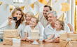 © peopleimages.com - Selfie, party and family to celebrate birthday in home, social media post and camera app for picture. People, generations and proud of milestone, photography and capture memory of presents and cake