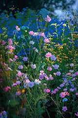 Canvas Print - Beautiful photograph capturing a vibrant field of pink, purple, and blue flowers basking under warm, translucent sunlight in a natural setting.