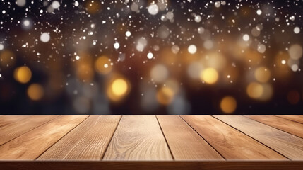 Wall Mural - Empty wood table top on street banner background with snowfall and bokeh cafe restaurant in night winter background., can be used for display or montage your products., generative ai