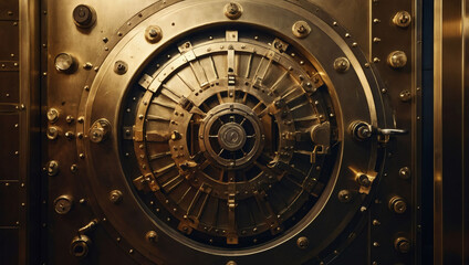 Wall Mural - Bank vault door close-up, intricate locking mechanisms, golden tones.