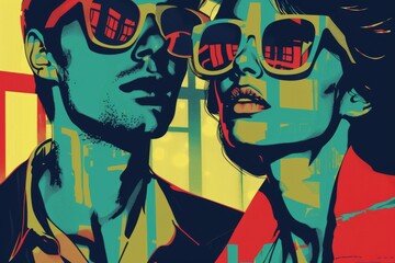Wall Mural - Stylish illustration of two people wearing sunglasses, reflecting a vibrant urban scene