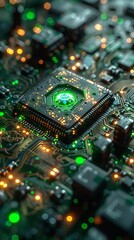 Sticker - The image captures a close-up of an intricately designed and illuminated circuit board with glowing green elements, exemplifying the complexity and innovation in electronics.