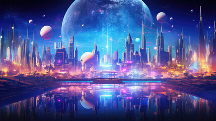 Wall Mural - futuristic high-tech sci-fi city of the future, fantasy sci-fi scene, neon light, digital illustrati