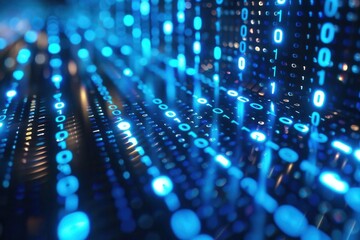 Blue digital binary code cascading down a computer screen, hightech background, glowing numbers, futuristic data flow, abstract digital design, seamless pattern, technology concept