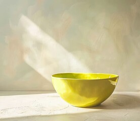 Poster -  Vibrant Yellow Bowl in Sunlight on Table, Minimalist Style