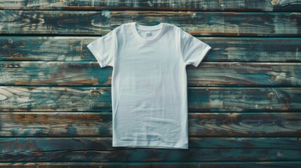 Poster - A lone white t-shirt hangs from a wooden wall, perfect for use in fashion or interior design contexts