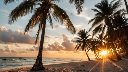 the sun shines brightly through the palm trees on the beach