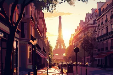 Wall Mural - Artistic illustration of Paris, France at dusk with Eiffel Tower and glowing city lights