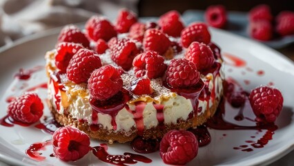 Poster - a close up of a dessert with raspberries on top