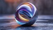 © Wahyu - 3d ball in matte glass material with organic deformed shape inside in blue purple white and yellow color, on dark grey background ai generated