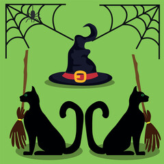 Wall Mural - Vector set for Halloween. A cat, a broom and a hat. Symbols of the autumn holiday.