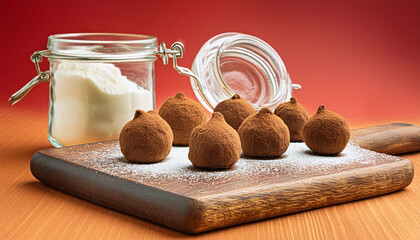 Sticker - Six chocolate truffles dusted with powdered sugar on a wooden board