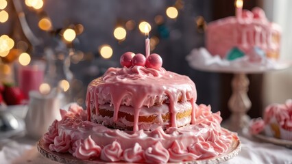 Wall Mural - a close up of a cake with pink icing on it