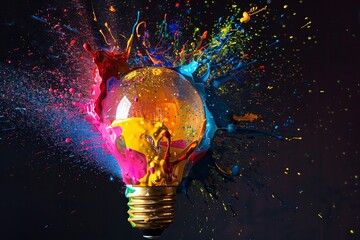 Wall Mural - A light bulb exploding with splashes of vibrant, colorful paint, representing creativity, bright ideas, and innovation in a striking, dynamic visual.