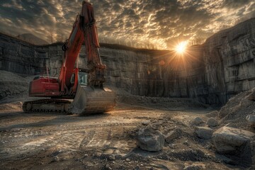 A red excavator sitting in a dirt-filled pit, with a rugged terrain and overcast sky