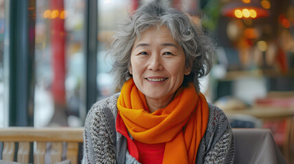 Wall Mural - Happy  Asian lady in cafe with copy space