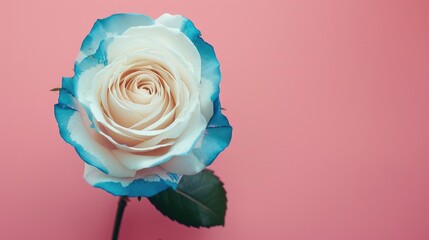 Wall Mural - Large white rose with blue edges on pink background seen from above Room for text