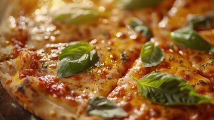 Wall Mural - Close Up of a Freshly Baked Pizza With Basil Leaves