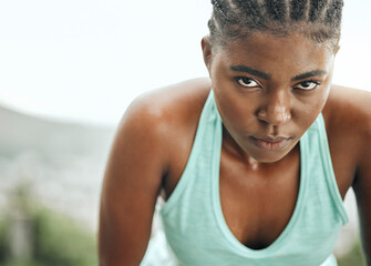 Wall Mural - Fitness, portrait or tired black woman breathing in nature with exercise burnout, challenge or performance. Sports, pause or sweaty girl runner outdoor with training resilience, break or endurance