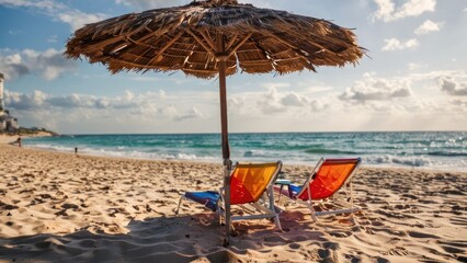 two lounge chairs under an umbrella on a beach