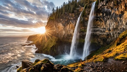 Wall Mural - a large waterfall coming out of the side of a cliff