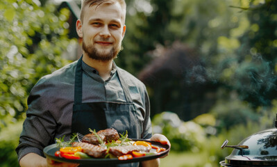 Wall Mural - Happy man in apron holding plate with grilled meat and vegetables near the gas grill at home or garden 