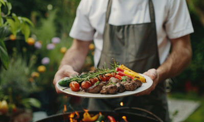 Wall Mural - Happy man in apron holding plate with grilled meat and vegetables near the gas grill at home or garden 