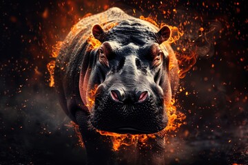 Wall Mural - A hippopotamus is engulfed by flames in this dramatic scene