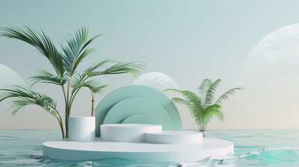 3d render of empty podium stand for product presentation with summer concept. Minimal summer vacation theme
