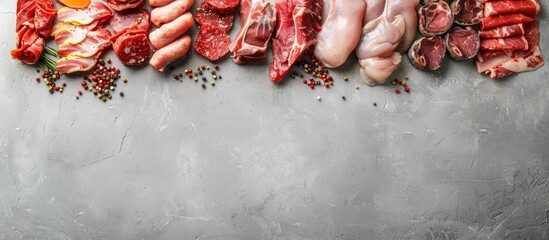 Wall Mural - Variety of uncooked meats on a gray backdrop. Wide view, banner with space for text