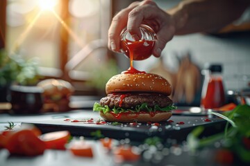 Wall Mural - A juicy hamburger topped with ketchup, ready to be devoured