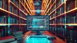 © qorqudlu - A modern library filled with books arranged in shelves, featuring a computer interface with futuristic digital elements, representing a blend of tradition and technology.