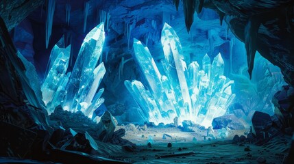 Wall Mural - A cave with blue crystals and rocks