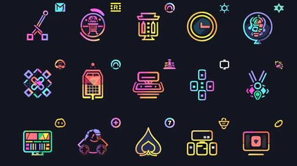 Wall Mural - A collection of brightly colored neon icons depicting various technology, communication, and gaming elements on a dark background.