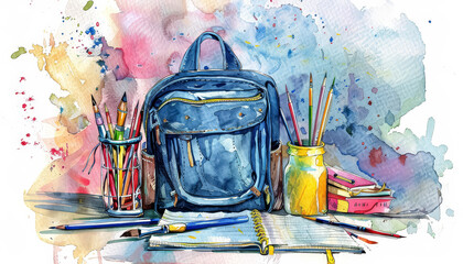 Wall Mural - A red backpack with a blue strap and a blue and red book