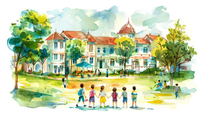 Wall Mural - A group of children playing in a park with a playground