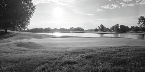 Wall Mural - Black and white photo of a golf course landscape with grass, hills, and trees