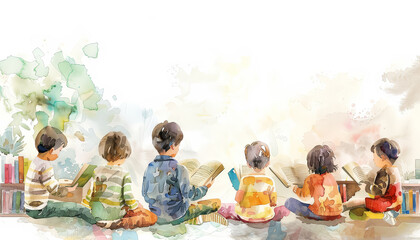 Wall Mural - A group of children are standing in a line, with some holding books
