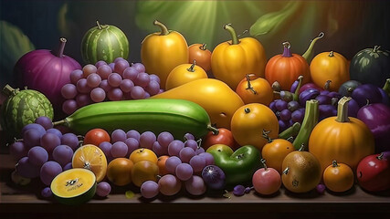 Wall Mural - vegetables and fruits grouped together on a shelf in a store, vegetarian food, vegetarian recipes,	
